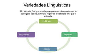 Históricas
Regionais
Sociais
Situacionais
Variedades Linguísticas
São as variações que uma língua apresenta, de acordo com as
condições sociais, culturais, regionais e históricas em que é
utilizada.
 