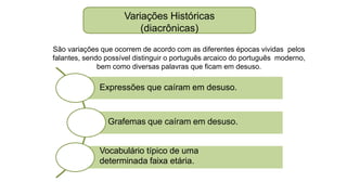 Variações Históricas
(diacrônicas)
São variações que ocorrem de acordo com as diferentes épocas vividas pelos
falantes, sendo possível distinguir o português arcaico do português moderno,
bem como diversas palavras que ficam em desuso.
Expressões que caíram em desuso.
Grafemas que caíram em desuso.
Vocabulário típico de uma
determinada faixa etária.
 