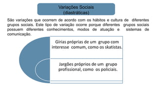 Variações Sociais
(diastráticas)
São variações que ocorrem de acordo com os hábitos e cultura de diferentes
grupos sociais. Este tipo de variação ocorre porque diferentes grupos sociais
possuem diferentes conhecimentos, modos de atuação e sistemas de
comunicação.
Gírias próprias de um grupo com
interesse comum, como os skatistas.
Jargões próprios de um grupo
profissional, como os policiais.
 