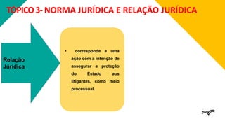 TÓPICO3- NORMA JURÍDICA E RELAÇÃO JURÍDICA
• corresponde a uma
ação com a intenção de
assegurar a proteção
do Estado aos
litigantes, como meio
processual.
Relação
Júridica
 