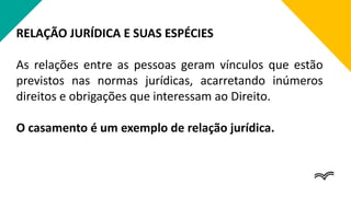 RELAÇÃO JURÍDICA E SUAS ESPÉCIES
As relações entre as pessoas geram vínculos que estão
previstos nas normas jurídicas, acarretando inúmeros
direitos e obrigações que interessam ao Direito.
O casamento é um exemplo de relação jurídica.
 