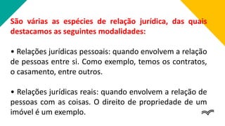 São várias as espécies de relação jurídica, das quais
destacamos as seguintes modalidades:
• Relações jurídicas pessoais: quando envolvem a relação
de pessoas entre si. Como exemplo, temos os contratos,
o casamento, entre outros.
• Relações jurídicas reais: quando envolvem a relação de
pessoas com as coisas. O direito de propriedade de um
imóvel é um exemplo.
 