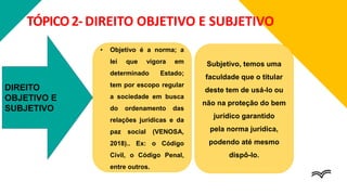 TÓPICO2- DIREITO OBJETIVO E SUBJETIVO
• Objetivo é a norma; a
lei que vigora em
determinado Estado;
tem por escopo regular
a sociedade em busca
do ordenamento das
relações jurídicas e da
paz social (VENOSA,
2018).. Ex: o Código
Civil, o Código Penal,
entre outros.
DIREITO
OBJETIVO E
SUBJETIVO
Subjetivo, temos uma
faculdade que o titular
deste tem de usá-lo ou
não na proteção do bem
jurídico garantido
pela norma jurídica,
podendo até mesmo
dispô-lo.
 