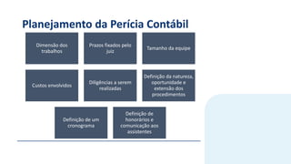 Planejamento da Perícia Contábil
Dimensão dos
trabalhos
Prazos fixados pelo
juiz
Tamanho da equipe
Custos envolvidos
Diligências a serem
realizadas
Definição da natureza,
oportunidade e
extensão dos
procedimentos
Definição de um
cronograma
Definição de
honorários e
comunicação aos
assistentes
 