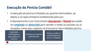 Execução da Perícia Contábil
• A execução da perícia é limitada aos quesitos formulados, ao
objeto e ao lapso temporal estabelecido pelo juiz;
• O planejamento é um instrumento abrangente e flexível que pode
ser ampliado ou diminuído para atender a todos os quesitos ou às
situações novas que surgirem no transcorrer dos trabalhos perícia.
Avaliações,
verificações e
apurações de
haveres
Analises de valores
patrimoniais
Exame, analise e
identificação de
erros ou fraudes
 