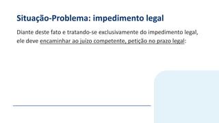 Situação-Problema: impedimento legal
Diante deste fato e tratando-se exclusivamente do impedimento legal,
ele deve encaminhar ao juízo competente, petição no prazo legal:
 