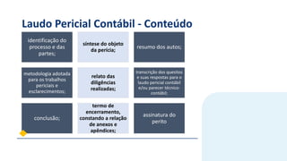 Laudo Pericial Contábil - Conteúdo
identificação do
processo e das
partes;
síntese do objeto
da perícia;
resumo dos autos;
metodologia adotada
para os trabalhos
periciais e
esclarecimentos;
relato das
diligências
realizadas;
transcrição dos quesitos
e suas respostas para o
laudo pericial contábil
e/ou parecer técnico-
contábil;
conclusão;
termo de
encerramento,
constando a relação
de anexos e
apêndices;
assinatura do
perito
 