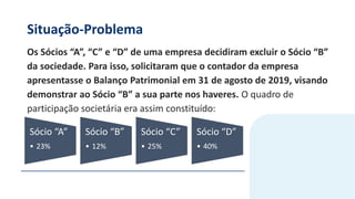 Situação-Problema
Os Sócios “A”, “C” e “D” de uma empresa decidiram excluir o Sócio “B”
da sociedade. Para isso, solicitaram que o contador da empresa
apresentasse o Balanço Patrimonial em 31 de agosto de 2019, visando
demonstrar ao Sócio “B” a sua parte nos haveres. O quadro de
participação societária era assim constituído:
Sócio “A”
• 23%
Sócio “B”
• 12%
Sócio “C”
• 25%
Sócio “D”
• 40%
 