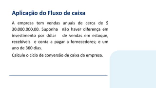 Aplicação do Fluxo de caixa
A empresa tem vendas anuais de cerca de $
30.000.000,00. Suponha não haver diferença em
investimento por dólar de vendas em estoque,
recebíveis e conta a pagar a fornecedores; e um
ano de 360 dias.
Calcule o ciclo de conversão de caixa da empresa.
 