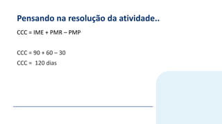 Pensando na resolução da atividade..
CCC = IME + PMR – PMP
CCC = 90 + 60 – 30
CCC = 120 dias
 