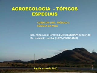 AGROECOLOGIA - TÓPICOS
ESPECIAIS
CURSO ON-LINE. MÓDULO 1
SÚMULA DA AULA
Dra. Alineaurea Florentino Silva (EMBRAPA Semiárido)
Dr. Lucivânio Jatobá ( UFPE/PROFCIAMB)
Recife, maio de 2020
 