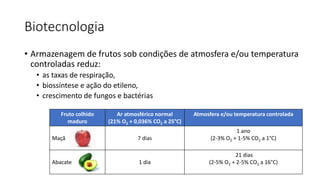 Biotecnologia
• Armazenagem de frutos sob condições de atmosfera e/ou temperatura
controladas reduz:
• as taxas de respiração,
• biossíntese e ação do etileno,
• crescimento de fungos e bactérias
Fruto colhido
maduro
Ar atmosférico normal
(21% O2 + 0,036% CO2 a 25°C)
Atmosfera e/ou temperatura controlada
Maçã 7 dias
1 ano
(2-3% O2 + 1-5% CO2 a 1°C)
Abacate 1 dia
21 dias
(2-5% O2 + 2-5% CO2 a 16°C)
 