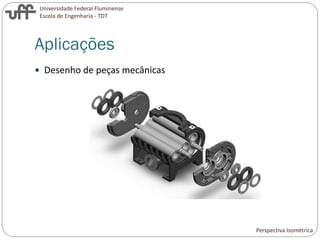 Universidade Federal Fluminense
Escola de Engenharia - TDT
Aplicações
 Desenho de peças mecânicas
Perspectiva Isométrica
 