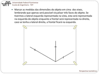 Universidade Federal Fluminense
Escola de Engenharia - TDT
 Marcar as medidas das dimensões do objeto em cima dos eixos,
lembrando que apenas será possível visualizar três faces do objeto. Se
tivermos a lateral esquerda representada na vista, esta será representada
na esquerda do objeto enquanto a frontal será representada na direita,
caso se tenha a lateral direita, a frontal ficará na esquerda.
Perspectiva Isométrica
 