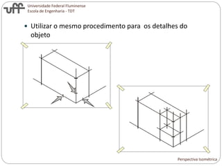 Universidade Federal Fluminense
Escola de Engenharia - TDT
 Utilizar o mesmo procedimento para os detalhes do
objeto
Perspectiva Isométrica
 
