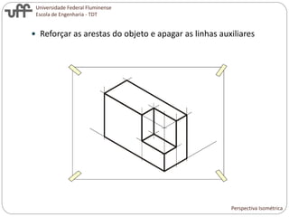 Universidade Federal Fluminense
Escola de Engenharia - TDT
 Reforçar as arestas do objeto e apagar as linhas auxiliares
Perspectiva Isométrica
 