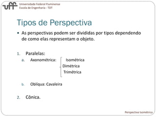 Universidade Federal Fluminense
Escola de Engenharia - TDT
Tipos de Perspectiva
 As perspectivas podem ser divididas por tipos dependendo
de como elas representam o objeto.
1. Paralelas:
a. Axonométrica: Isométrica
Dimétrica
Trimétrica
b. Oblíqua: Cavaleira
2. Cônica.
Perspectiva Isométrica
 
