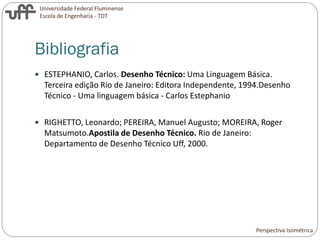 Universidade Federal Fluminense
Escola de Engenharia - TDT
Bibliografia
 ESTEPHANIO, Carlos. Desenho Técnico: Uma Linguagem Básica.
Terceira edição Rio de Janeiro: Editora Independente, 1994.Desenho
Técnico - Uma linguagem básica - Carlos Estephanio
 RIGHETTO, Leonardo; PEREIRA, Manuel Augusto; MOREIRA, Roger
Matsumoto.Apostila de Desenho Técnico. Rio de Janeiro:
Departamento de Desenho Técnico Uff, 2000.
Perspectiva Isométrica
 