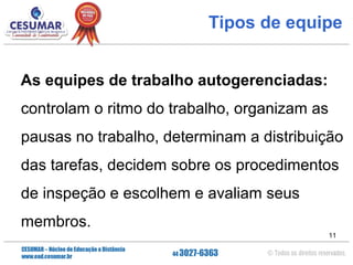 Tipos de equipe
As equipes de trabalho autogerenciadas:
controlam o ritmo do trabalho, organizam as
pausas no trabalho, determinam a distribuição
das tarefas, decidem sobre os procedimentos
de inspeção e escolhem e avaliam seus
membros.
11

 