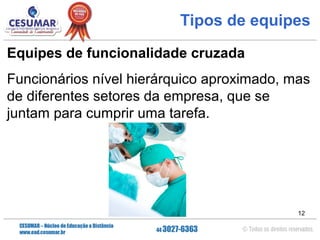 Tipos de equipes
Equipes de funcionalidade cruzada
Funcionários nível hierárquico aproximado, mas
de diferentes setores da empresa, que se
juntam para cumprir uma tarefa.

12

 