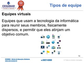 Tipos de equipe
Equipes virtuais
Equipes que usam a tecnologia da informática
para reunir seus membros, fisicamente
dispersos, e permitir que eles atinjam um
objetivo comum.

13

 