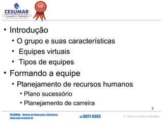 • Introdução
• O grupo e suas características
• Equipes virtuais
• Tipos de equipes

• Formando a equipe
• Planejamento de recursos humanos
• Plano sucessório
• Planejamento de carreira
2

 