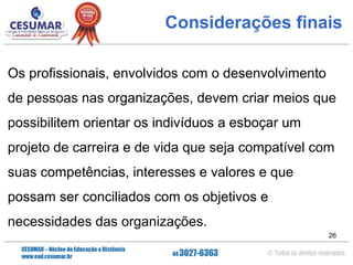 Considerações finais
Os profissionais, envolvidos com o desenvolvimento
de pessoas nas organizações, devem criar meios que
possibilitem orientar os indivíduos a esboçar um
projeto de carreira e de vida que seja compatível com
suas competências, interesses e valores e que
possam ser conciliados com os objetivos e
necessidades das organizações.
26

 