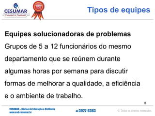 Tipos de equipes
Equipes solucionadoras de problemas
Grupos de 5 a 12 funcionários do mesmo
departamento que se reúnem durante
algumas horas por semana para discutir
formas de melhorar a qualidade, a eficiência
e o ambiente de trabalho.
8

 