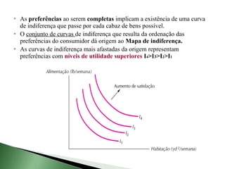    As preferências ao serem completas implicam a existência de uma curva
    de indiferença que passe por cada cabaz de bens possível.
   O conjunto de curvas de indiferença que resulta da ordenação das
    preferências do consumidor dá origem ao Mapa de indiferença.
   As curvas de indiferença mais afastadas da origem representam
    preferências com níveis de utilidade superiores I4>I3>I2>I1
 