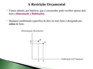 A Restrição Orçamental
   Vamos admitir, por hipótese, que o consumidor pode escolher apenas dois
    bens (Alimentação e Habitação).

   Qualquer combinação específica de dois ou mais bens é designada por
    cabaz de bens.
 