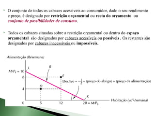    O conjunto de todos os cabazes acessíveis ao consumidor, dado o seu rendimento
    e preço, é designado por restrição orçamental ou recta do orçamento ou
    conjunto de possibilidades de consumo.

   Todos os cabazes situados sobre a restrição orçamental ou dentro do espaço
    orçamental são designados por cabazes acessíveis ou possíveis . Os restantes são
    designados por cabazes inacessíveis ou impossíveis.
 