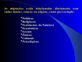 As migrações estão relacionadas diretamente com vários fatores, causas ou origens, como por exemplo: *  Políticas *  Religiosas *  Fenômenos da Natureza *  Econômicas *  Sociais *  Étnicas *  Culturais *  Psicológicas 