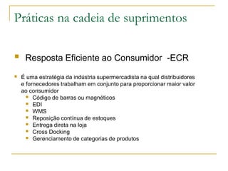 Práticas na cadeia de suprimentos
 Resposta Eficiente ao Consumidor -ECR
 É uma estratégia da indústria supermercadista na qual distribuidores
e fornecedores trabalham em conjunto para proporcionar maior valor
ao consumidor
 Código de barras ou magnéticos
 EDI
 WMS
 Reposição contínua de estoques
 Entrega direta na loja
 Cross Docking
 Gerenciamento de categorias de produtos
 
