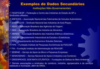 Exemplos de Dados Secundários Instituições Não-Governamentais <ul><li>FIESP/CIESP – Federação e Centro das Indústrias do E...