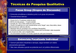 Técnicas da Pesquisa Qualitativa Focus Group (Grupos de Discussão) 1. Grupos de 8 a 12 pessoas (média de dez); 2. Mínimo d...