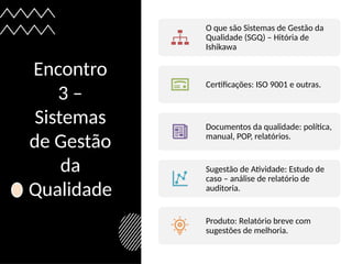 Encontro
3 –
Sistemas
de Gestão
da
Qualidade
O que são Sistemas de Gestão da
Qualidade (SGQ) – Hitória de
Ishikawa
Certificações: ISO 9001 e outras.
Documentos da qualidade: política,
manual, POP, relatórios.
Sugestão de Atividade: Estudo de
caso – análise de relatório de
auditoria.
Produto: Relatório breve com
sugestões de melhoria.
 