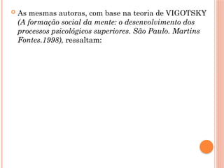 As mesmas autoras, com base na teoria de VIGOTSKY
(A formação social da mente: o desenvolvimento dos
processos psicológicos superiores. São Paulo. Martins
Fontes.1998), ressaltam:
 