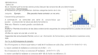 HISTOGRAMAS:
Oefinic ón:
Es un resumen gráf co de los valores produc dos por las variaciones de una determinada
característica, representando
la frecuencia con que se presentan distintas categorías dentro de d cho
conjunto. Ejemplo: Dfas pasados hasta contestar un rec amo.
Caracterlstfca,s príncipales:
A continuac ón se come.ntan una serie de caracterlsticas que
ayudan a comprender la natura eza de la herramlenra.
Sínt esis.- Permite re.sumir grandes cantidadesde
datos.
Frcicu&nc la
20
15
10
o 1 2 3 4 5 6 7 8 Dl u
Análl.s1s.• Permite el análisis de los datos evidenciando esquemas de comportamientoy pautas devarJación
que son
dlfícfles de captar en una tab a numér ca.
Capacidad de comunicación.Permite comun c.ar nformación de formaclara y senc llasobre s tuaciones comp
ejas.
An lis .is del histograma de ejemplo:
·En el histograma se obseiva que hubo un total de 61reclamosen ocho dlas. (4+5+7+11+15+9+7+3 = 61)
·l a mayor cantidad de reclamosse contestan en el dia S (15}
·En el transcurso de 4 dias se contestan 27 reclamos. (4+5+7+11-
=
- 27)
·la menor cantidad de reclamos se contestan al s• dfa de hecho tos r&lamos.(3)
 