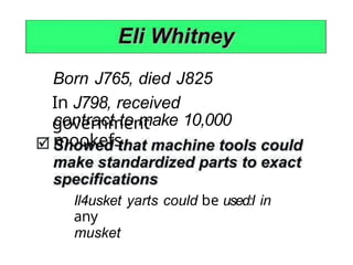 Born J765, died J825
In J798, received
government
contract to make 10,000
mookefs
Il4usket yarts could be used:I in
any
musket
 