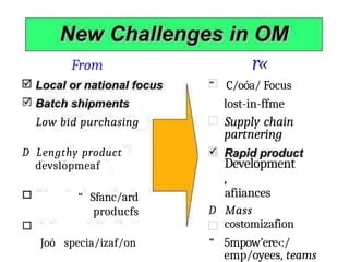 From
Low bid purchasing
D Lengthy product
devslopmeaf
“ Sfanc/ard
producfs
Joó specia/izaf/on
r«
“ C/oóa/ Focus
lost-in-ffme
Supply chain
partnering
Development
,
afiiances
D Mass
costomizafion
“ 5mpow’ere‹:/
emp/oyees, teams
 