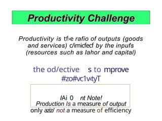 Productivity is tf›e rafio of outputs (goods
and services) c/imicfecf by the inpufs
(resources such as Iahor and capital)
the od/ective s to mprove
#zo#vc1v‹tyT
IAi 0 nt Note!
Production Is a measure of output
only aziz/ not a measure of efficiency
 