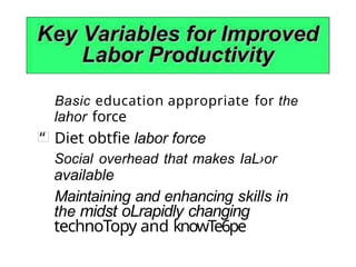 Basic education appropriate for the
lahor force
“ Diet obtfie labor force
Social overhead that makes IaL›or
available
Maintaining and enhancing skills in
the midst oLrapidly changing
technoTopy and knowTe6pe
 