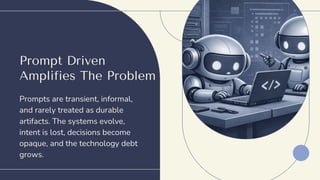 Prompt Driven
Amplifies The Problem
Prompts are transient, informal,
and rarely treated as durable
artifacts. The systems evolve,
intent is lost, decisions become
opaque, and the technology debt
grows.
 