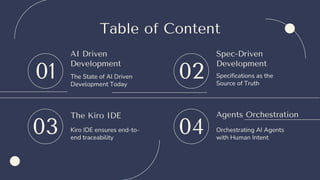 AI Driven
Development
01 The State of AI Driven
Development Today
Spec-Driven
Development
02 Specifications as the
Source of Truth
The Kiro IDE
03 Kiro IDE ensures end-to-
end traceability
Agents Orchestration
04 Orchestrating AI Agents
with Human Intent
Table of Content
 