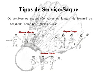 Tipos de Serviço/Saque
Os serviços ou saques são curtos ou longos: de forhand ou
backhand, como nas figuras abaixo:
 