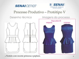 Processo Produtivo – Protótipo V
Desenho técnico Imagens do processo
Vestido com recorte princesa e peplum.
 