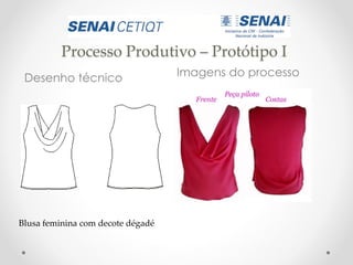 Processo Produtivo – Protótipo I
Desenho técnico Imagens do processo
Blusa feminina com decote dégadé
 