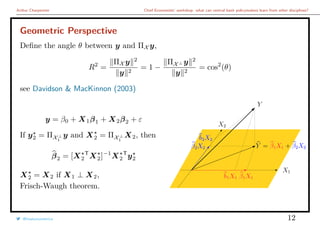 Arthur Charpentier Chief Economists’ workshop: what can central bank policymakers learn from other disciplines?
Geometric Perspective
Deﬁne the angle θ between y and ΠX y,
R2
=
ΠX y 2
y 2
= 1 −
ΠX⊥ y 2
y 2
= cos2
(θ)
see Davidson & MacKinnon (2003)
y = β0 + X1β1 + X2β2 + ε
If y2 = ΠX⊥
1
y and X2 = ΠX⊥
1
X2, then
β2 = [X2
T
X2]−1
X2
T
y2
X2 = X2 if X1 ⊥ X2,
Frisch-Waugh theorem.
@freakonometrics 12
 