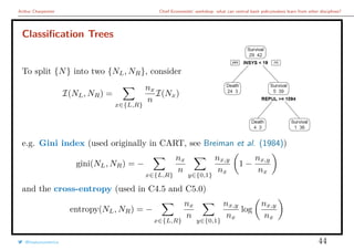 Arthur Charpentier Chief Economists’ workshop: what can central bank policymakers learn from other disciplines?
Classiﬁcation Trees
To split {N} into two {NL, NR}, consider
I(NL, NR) =
x∈{L,R}
nx
n
I(Nx)
e.g. Gini index (used originally in CART, see Breiman et al. (1984))
gini(NL, NR) = −
x∈{L,R}
nx
n
y∈{0,1}
nx,y
nx
1 −
nx,y
nx
and the cross-entropy (used in C4.5 and C5.0)
entropy(NL, NR) = −
x∈{L,R}
nx
n
y∈{0,1}
nx,y
nx
log
nx,y
nx
@freakonometrics 44
 