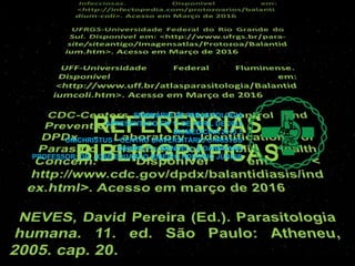 REFERENCIAS
BIBLIOGRÁFICAS
SEMINÁRIO DE PARASITOLOGIA
APRESENTADO EM 11 DE ABRIL DE 2016
BIOMEDICINA 2015.1
UNICHRISTUS – CENTRO UNIVERSITÁRIO CHRISTUS
EQUIPE: FCO.WENDELL & DANDHARA
PROFESSOR: DR. JOSÉ EDUARDO RIBEIRO HONÓRIO JÚNIOR
 